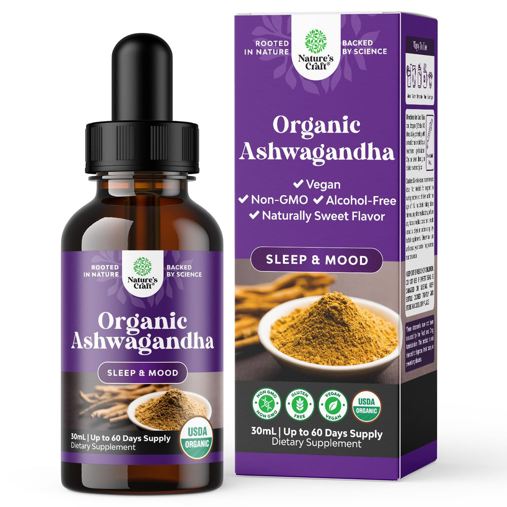 Natures Craft USDA Organic Ashwagandha Liquid Drops bottle supports daily stress balance.