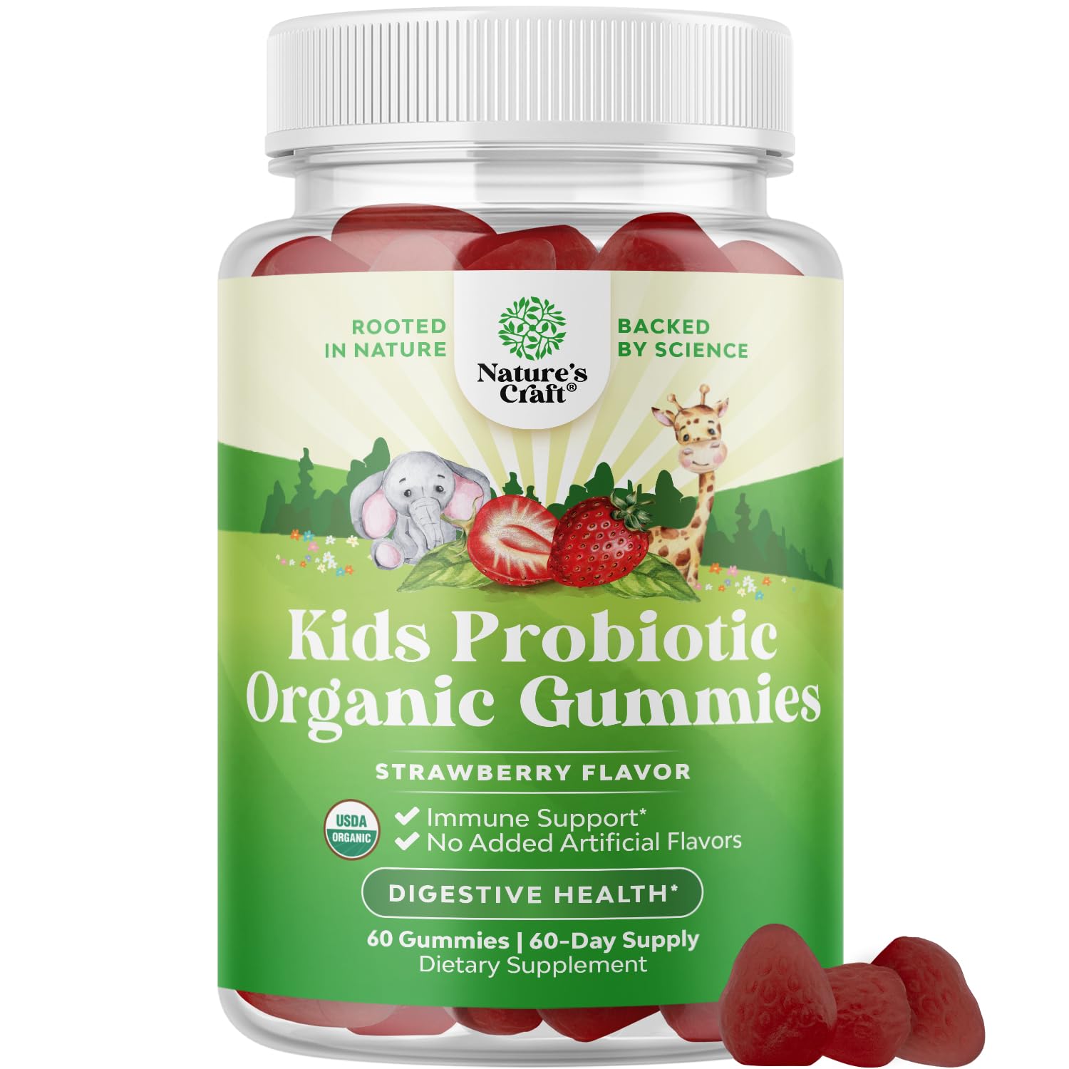 Natures Craft USDA Organic Kids Probiotic Gummies bottle for gentle daily gut support
