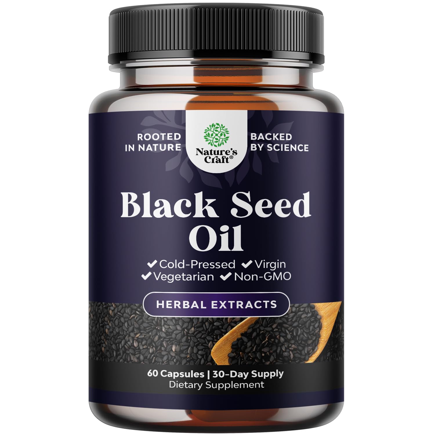 Natures Craft vegan black seed oil capsules bottle for daily wellness and hair support.