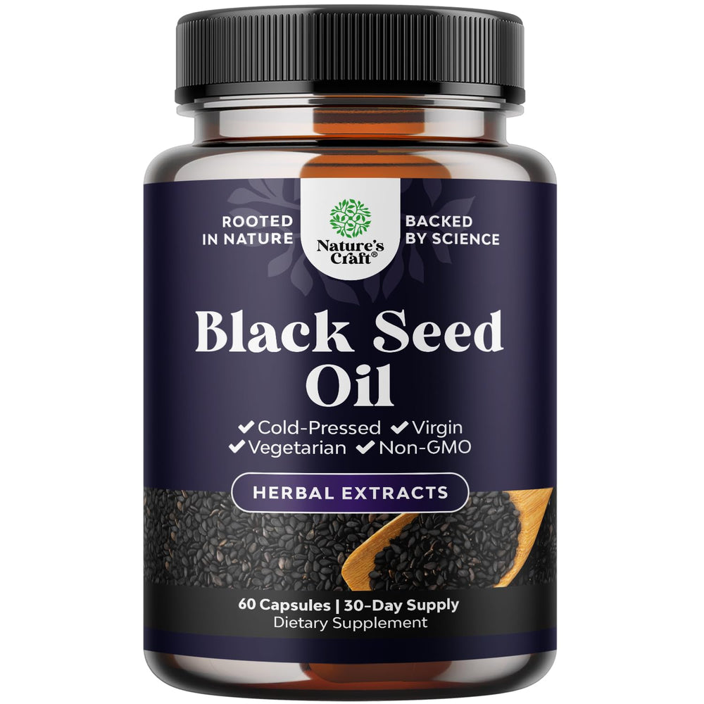 Natures Craft vegan black seed oil capsules bottle for daily wellness and hair support.