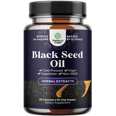 Natures Craft vegan black seed oil capsules bottle for daily wellness and hair support.
