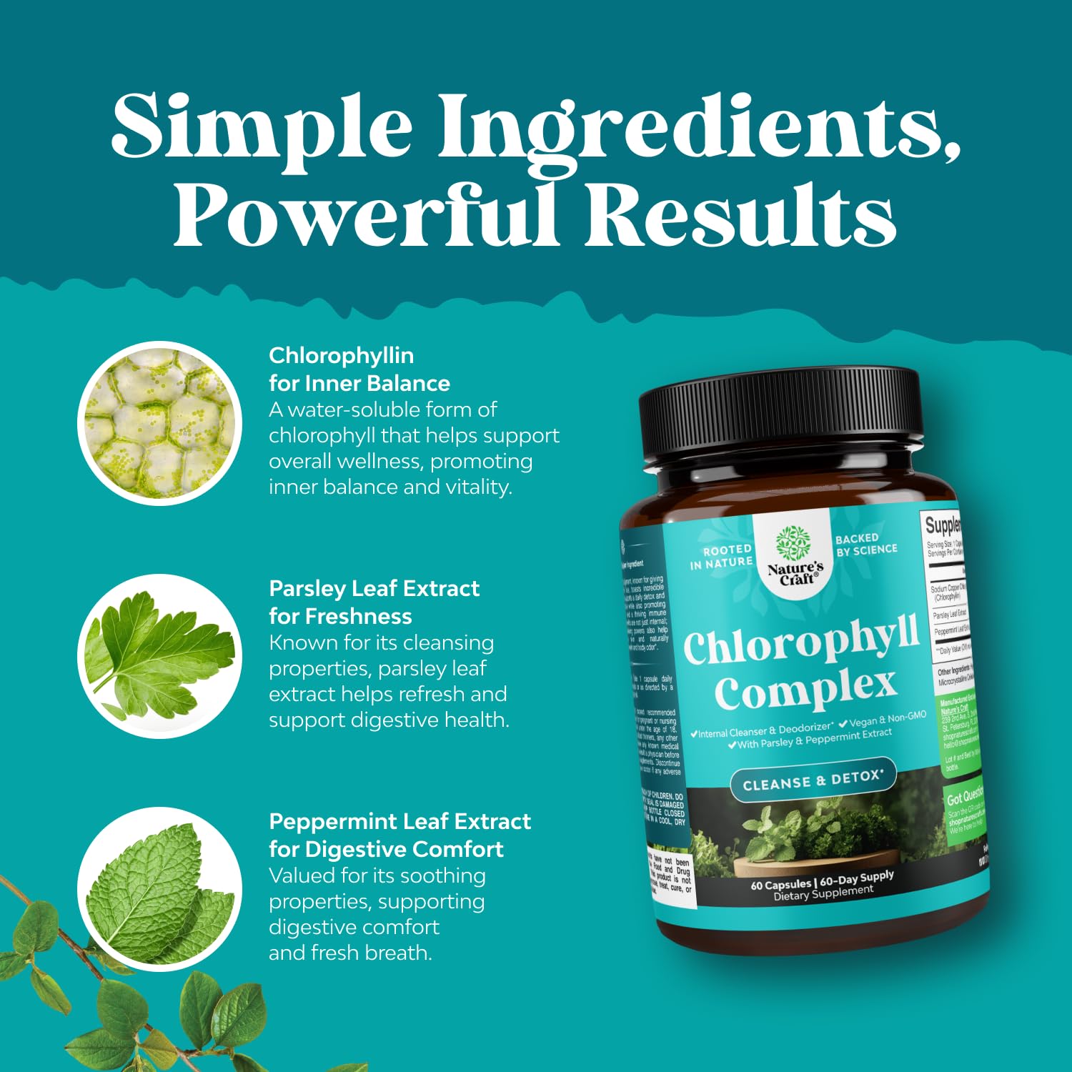 Natures Craft Chlorophyll capsules display vegan, non-GMO, gluten-free labeling on the bottle