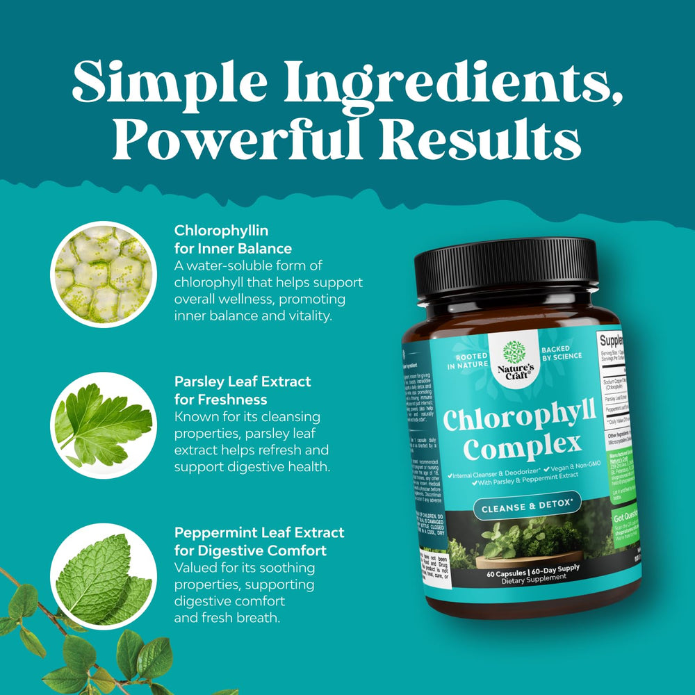 Natures Craft Chlorophyll capsules display vegan, non-GMO, gluten-free labeling on the bottle