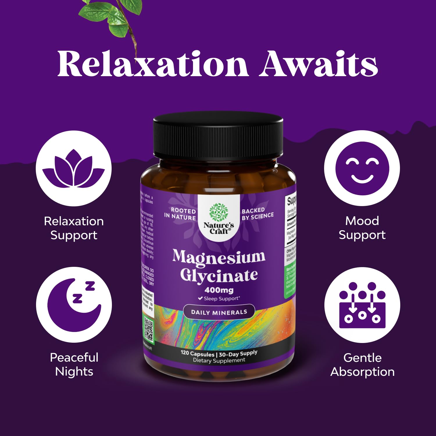 Natures Craft vegan supplement label close-up emphasizing chelated magnesium.