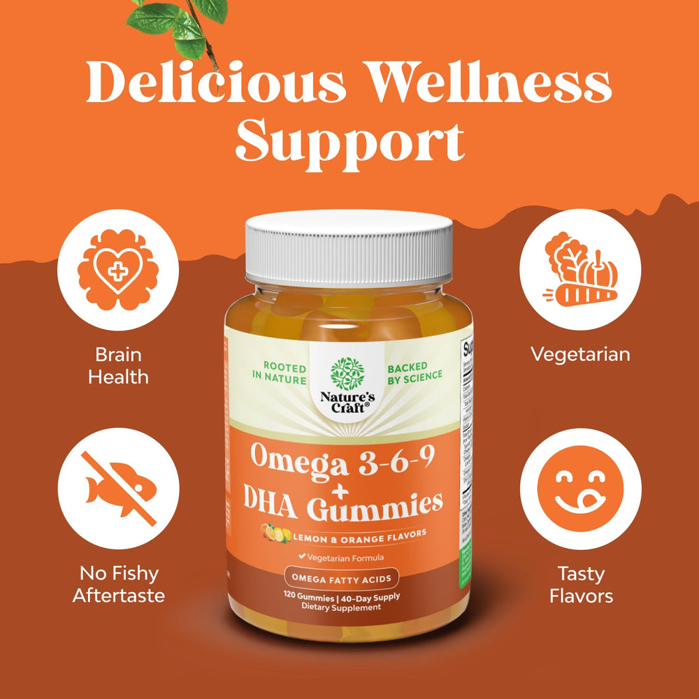 Natures Craft vegetarian Omega 3 Gummies sit on a clean surface for daily use.