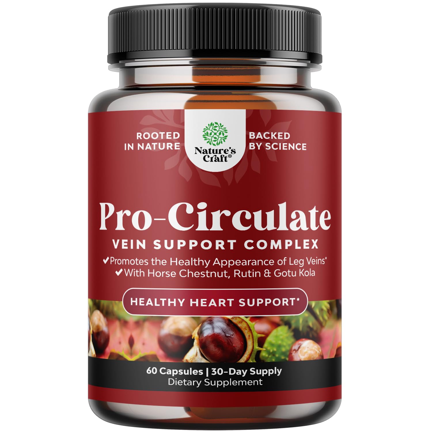 Natures Craft Vein Support bottle closeup showing vegan capsules for leg comfort