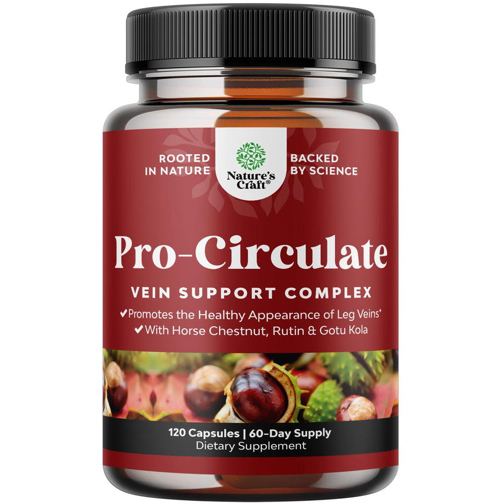 Natures Craft Vein Support bottle front shows vegan capsules for leg comfort.