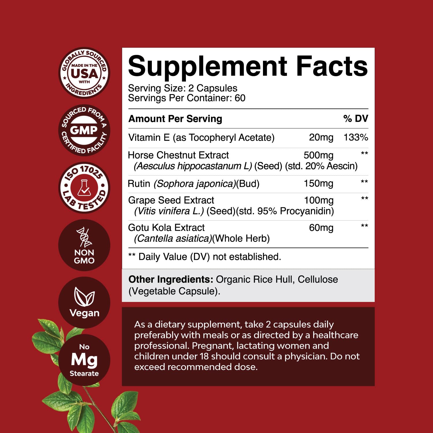 Natures Craft Vein Support capsules closeup highlighting horse chestnut extract.