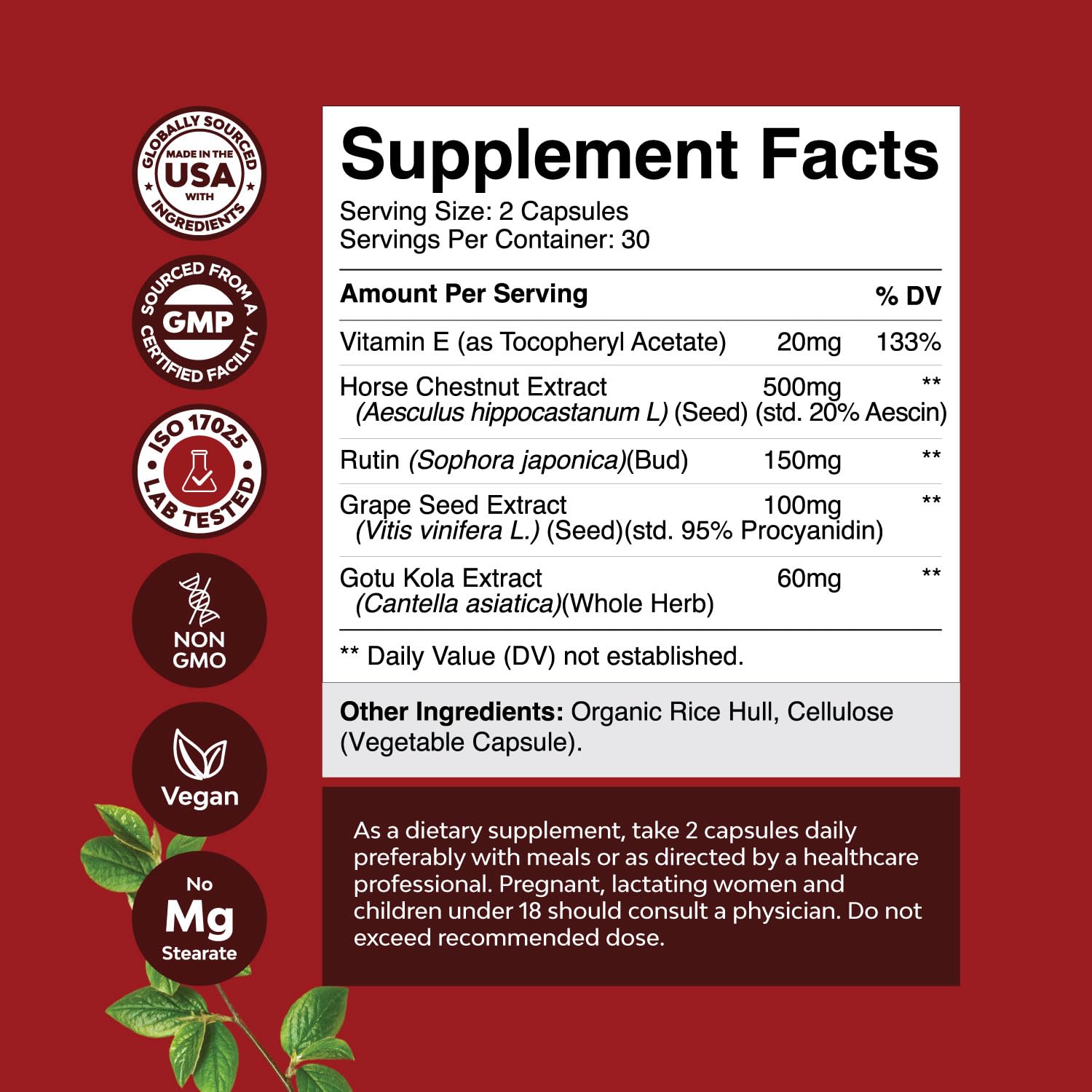 Natures Craft Vein Support capsules front view emphasizing daily circulation help