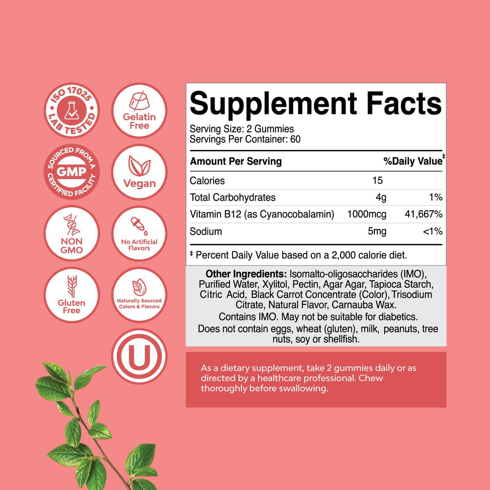 Close-up of Natures Craft Vitamin B12 Gummies highlights chewy texture for mood and focus support.