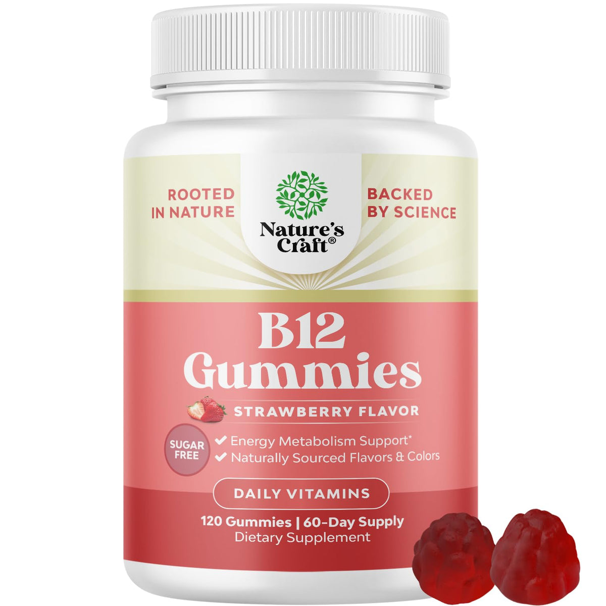 Natures Craft Vitamin B12 Gummies bottle shows energy-boosting formula for adults.