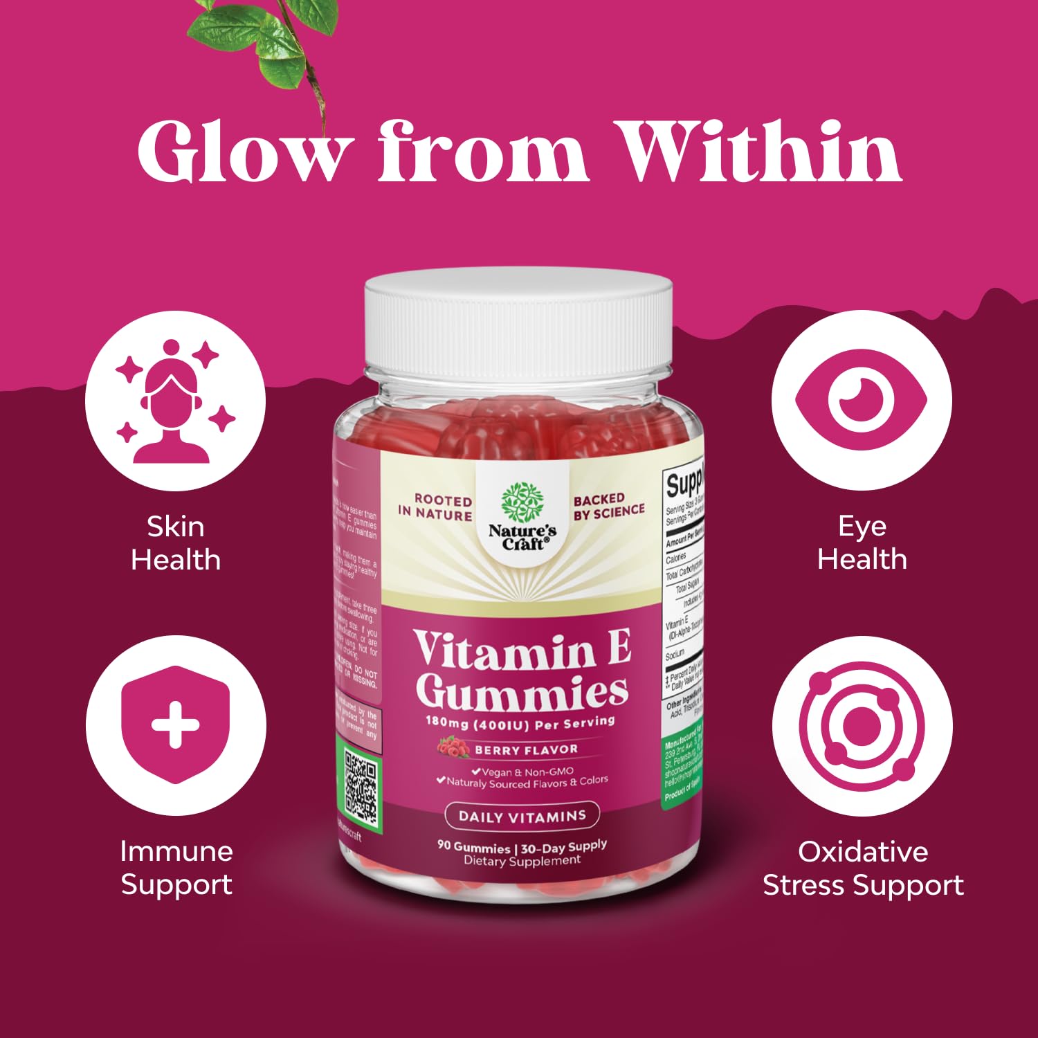 Nutrition facts label shot highlighting high potency vitamin E 400 IU.
