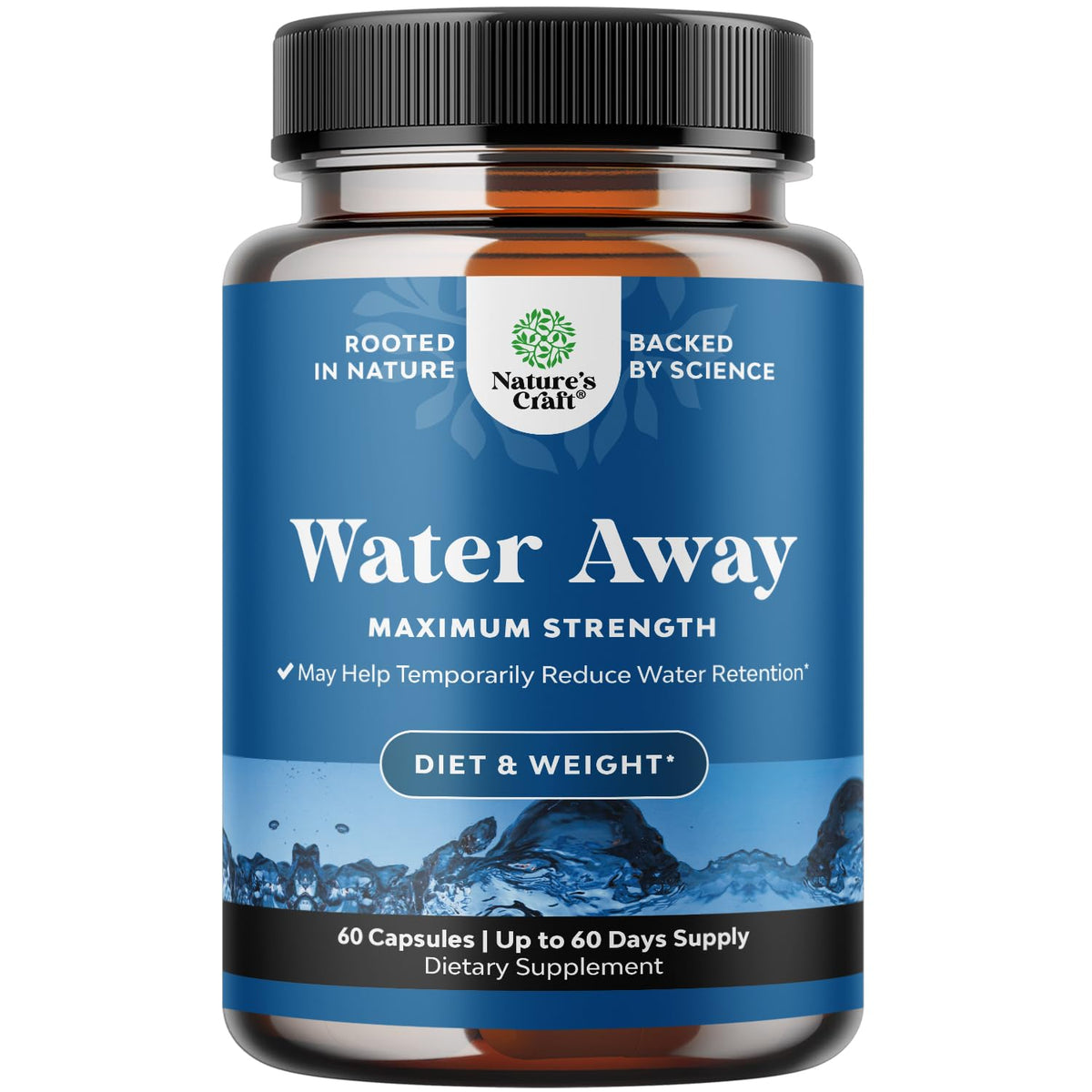 Nature's Craft Water Away bottle front highlighting herbal diuretic blend for bloating relief
