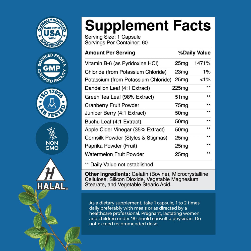 Natures Craft Water Away pills dandelion root ingredient jar close-up highlighting natural diuretics.