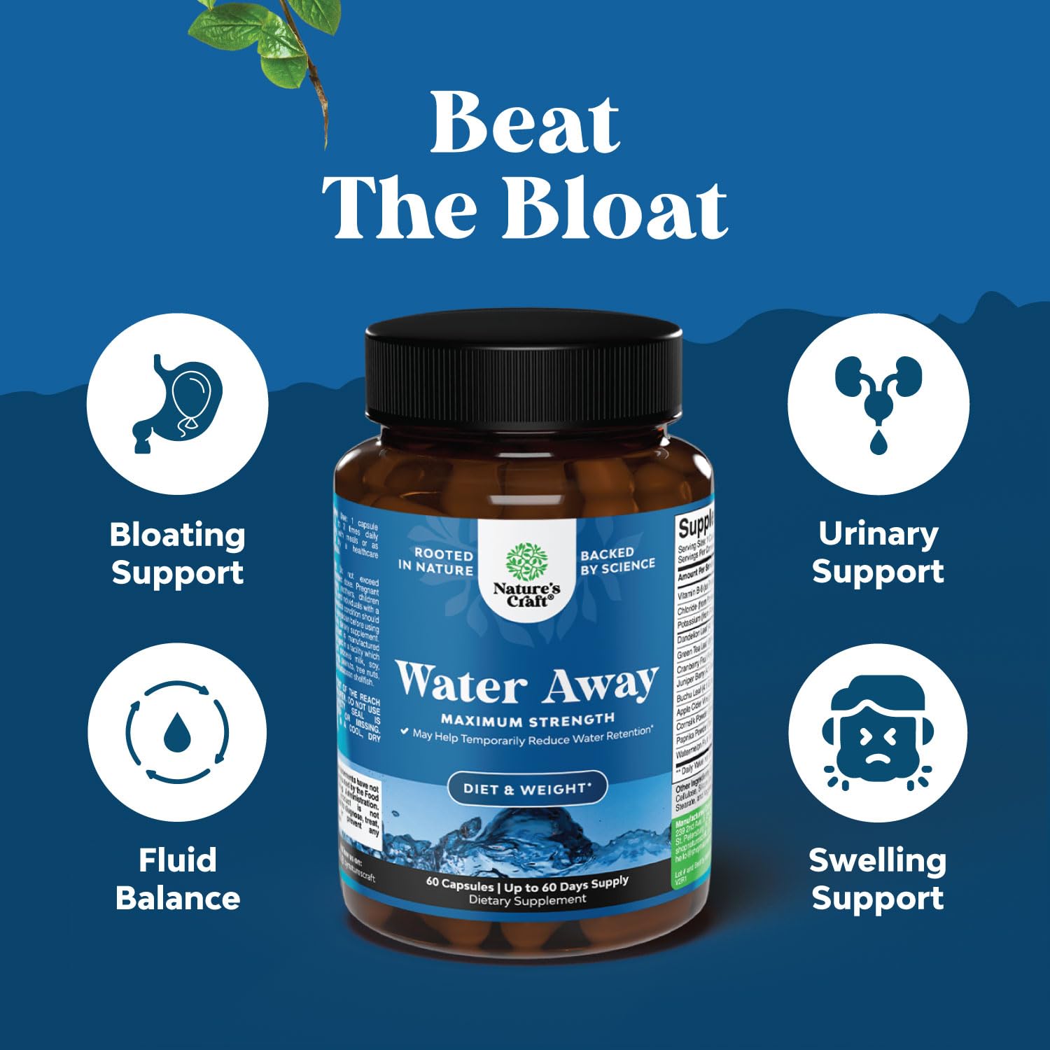 Natures Craft Water Away pills vitamin B6 and potassium capsule close-up for gentle support.