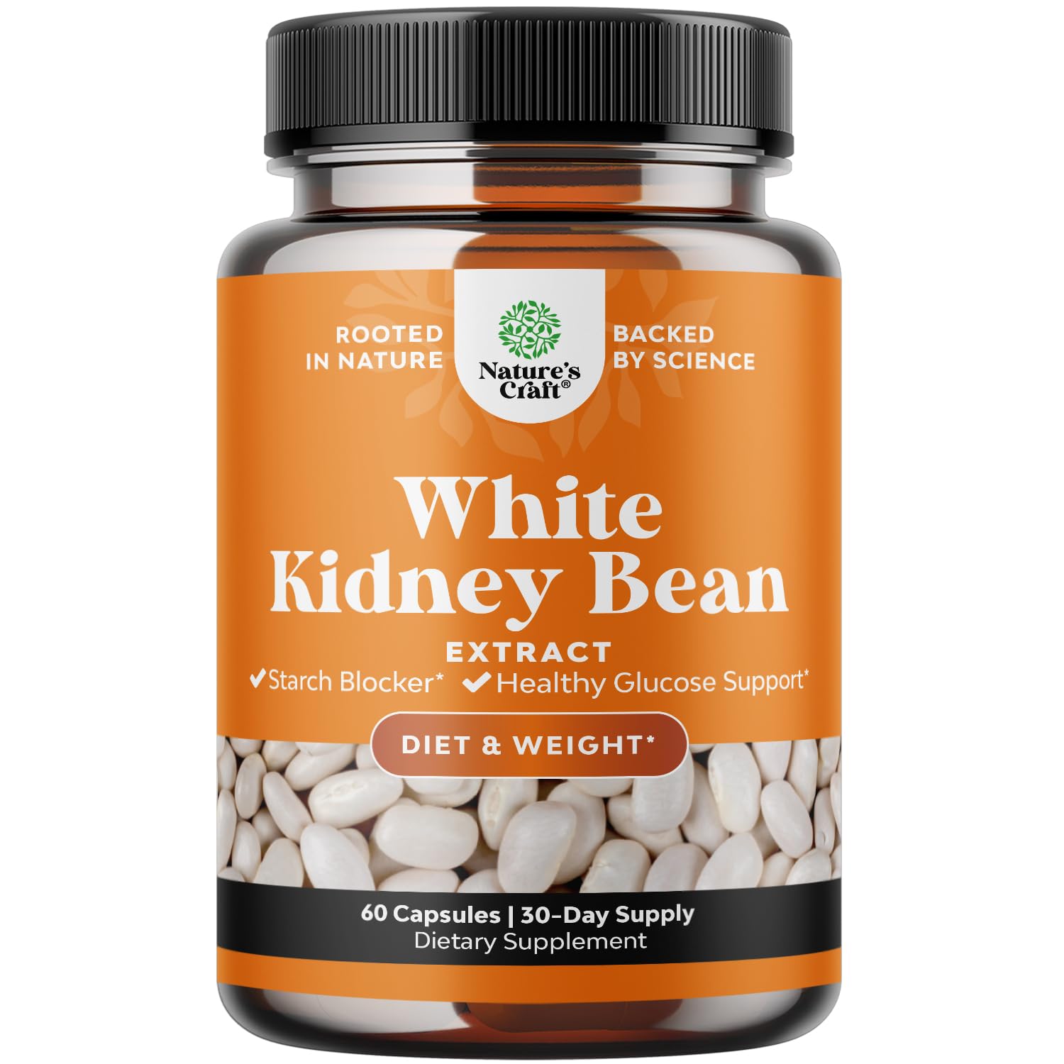 Natures Craft White Kidney Bean Extract capsules on bottle surface, highlighting digestive health support