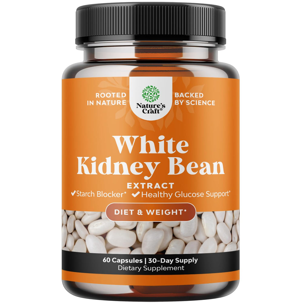 Natures Craft White Kidney Bean Extract capsules on bottle surface, highlighting digestive health support
