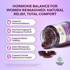 Natures Craft Womens Menopause Gummies label closeup featuring dong quai and ashwagandha.
