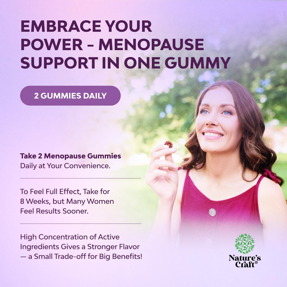 Natures Craft menopause gummies packaging box displayed on shelf.