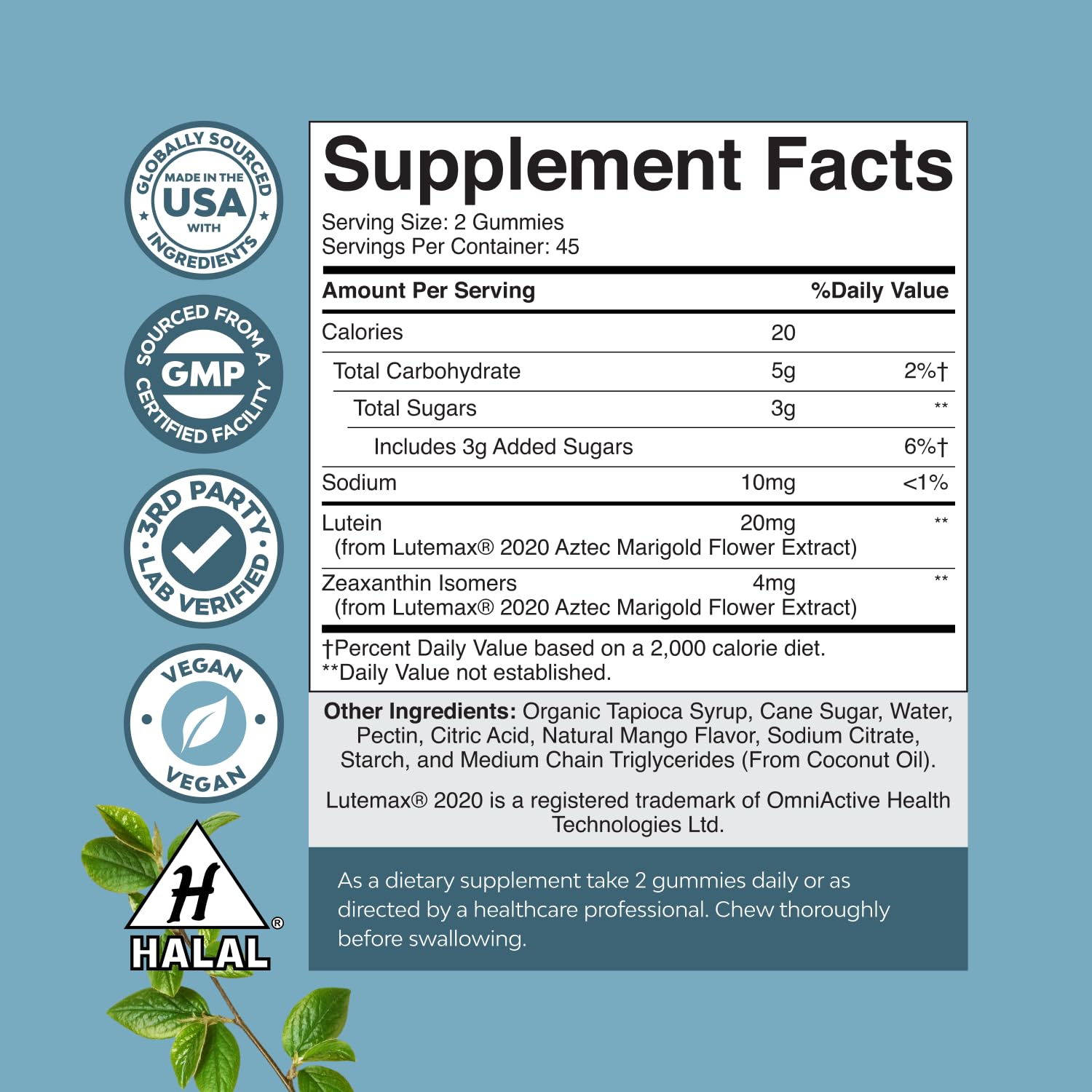 Front view of Natures Craft Zeaxanthin Lutein gummies bottle for consistent eye support.