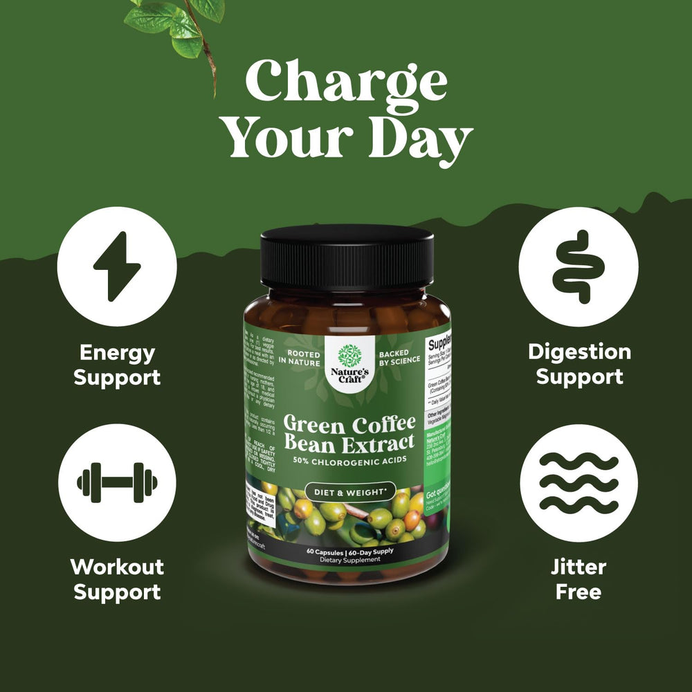Natures Design Pure Green Coffee Bean Extract label showing 50% chlorogenic acid