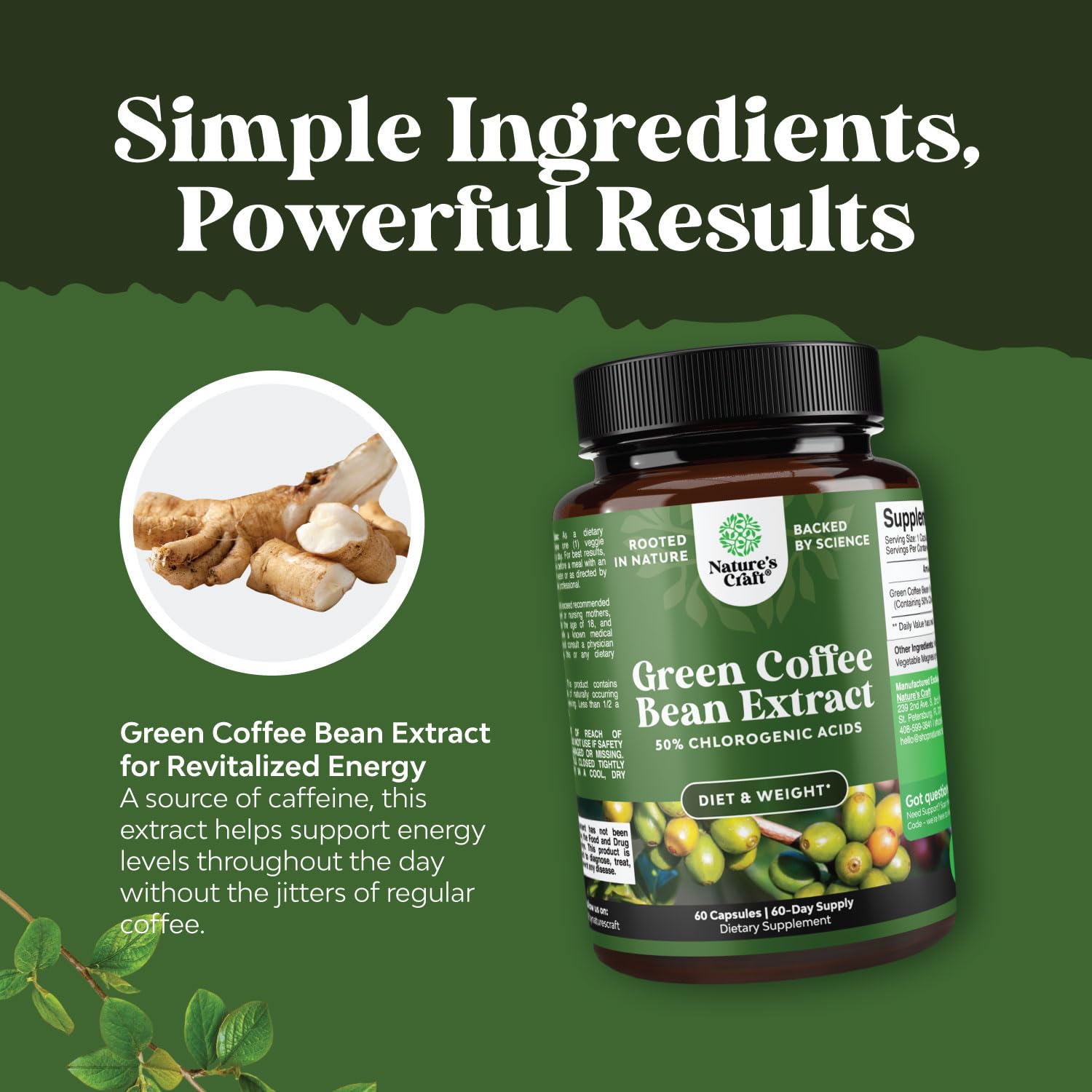 Natures Design Pure Green Coffee Bean Extract on-shelf display highlights high-grade ingredients