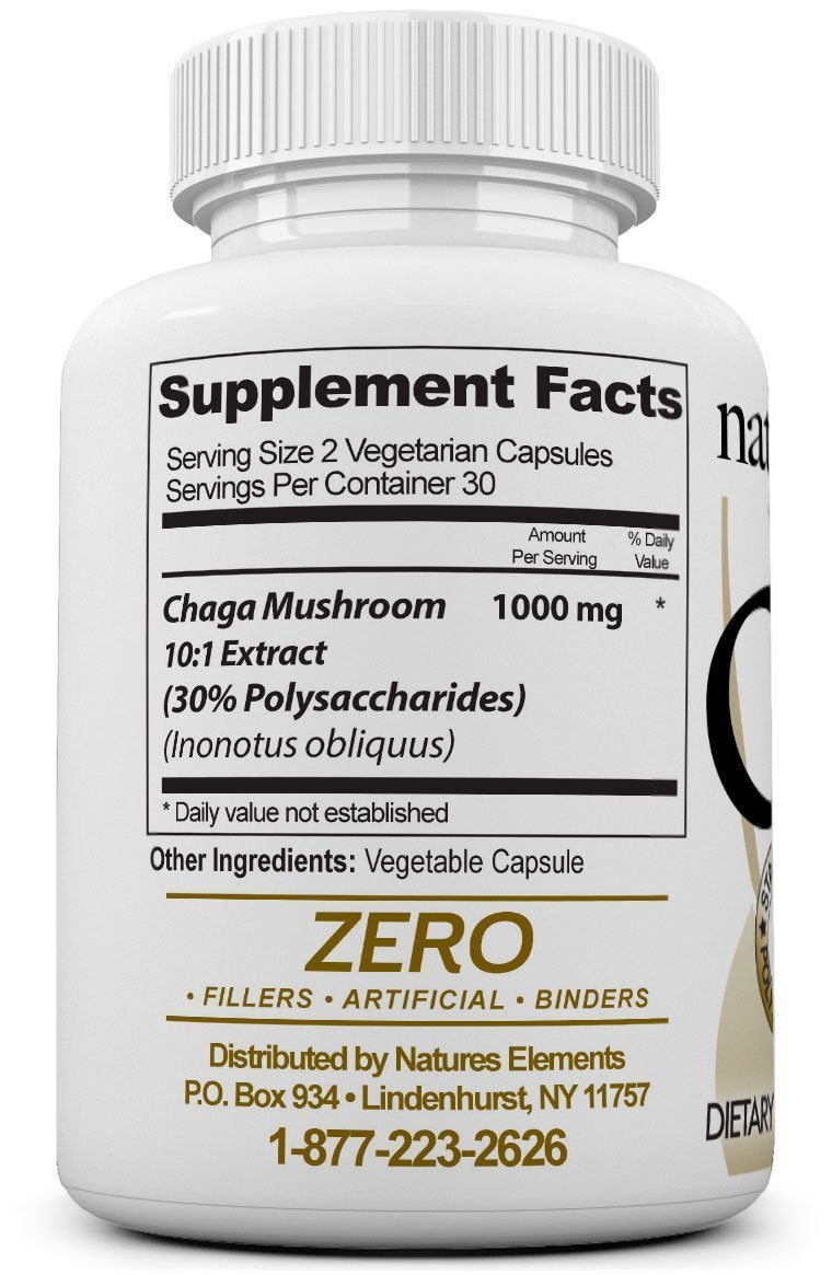 Natures Elements Chaga Mushroom capsules close-up showing vegan capsules.