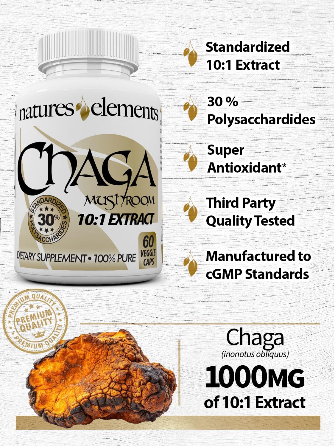 Natures Elements Chaga Mushroom label highlights 10:1 extract and polysaccharides.