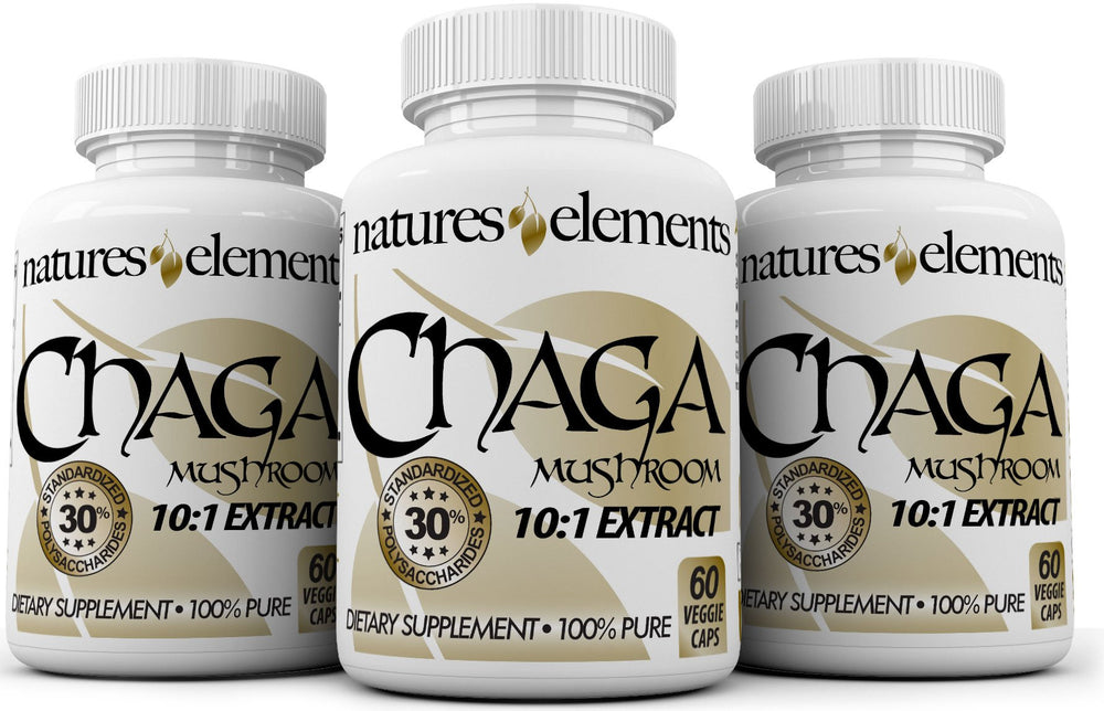 Natures Elements Chaga Mushroom pack front showing three-month supply.