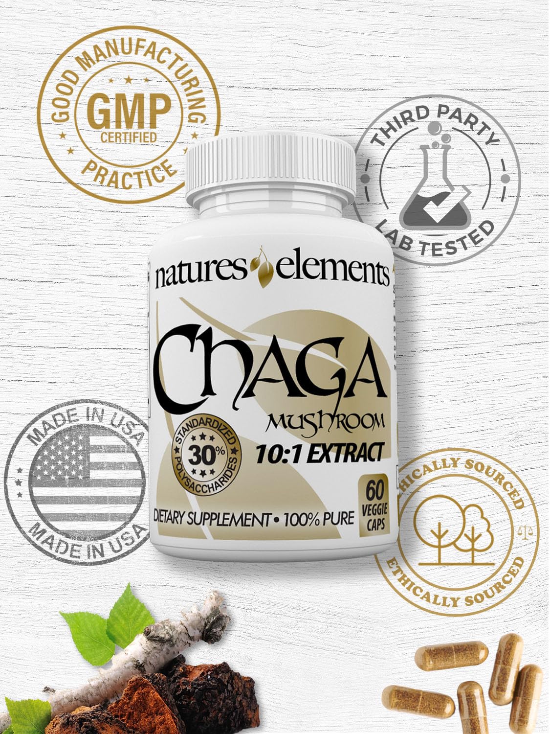 Natures Elements Chaga Mushroom packaging suggests natural immune support.