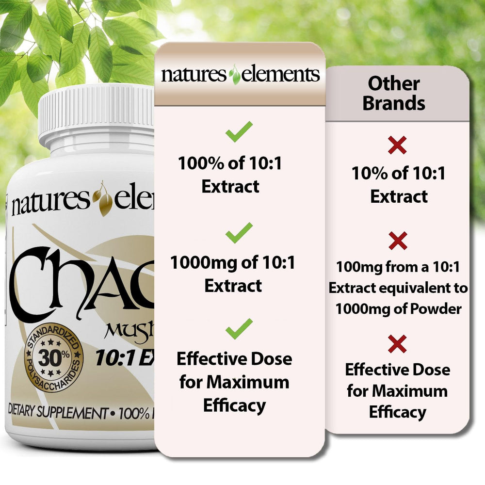 Natures Elements Chaga Mushroom USA made quality badge on packaging.