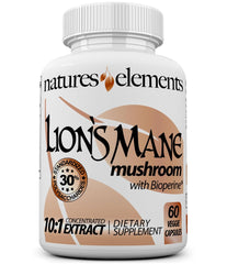 Natures Elements Lion's Mane bottle front with premium extract for focus support.