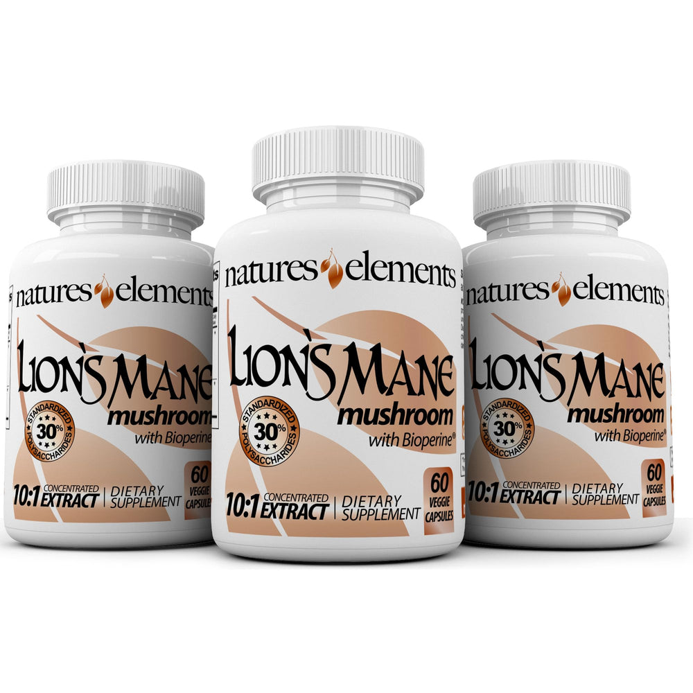 Natures Elements Lion’s Mane bottle showing packaging for brain health support.
