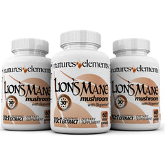Natures Elements Lion’s Mane bottle showing packaging for brain health support.