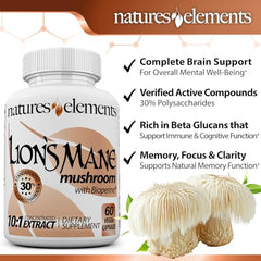 Lions Mane capsules from Natures Elements arranged for daily cognitive support.