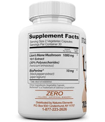 Close-up of Natures Elements Lion’s Mane label highlighting potency and extract strength.
