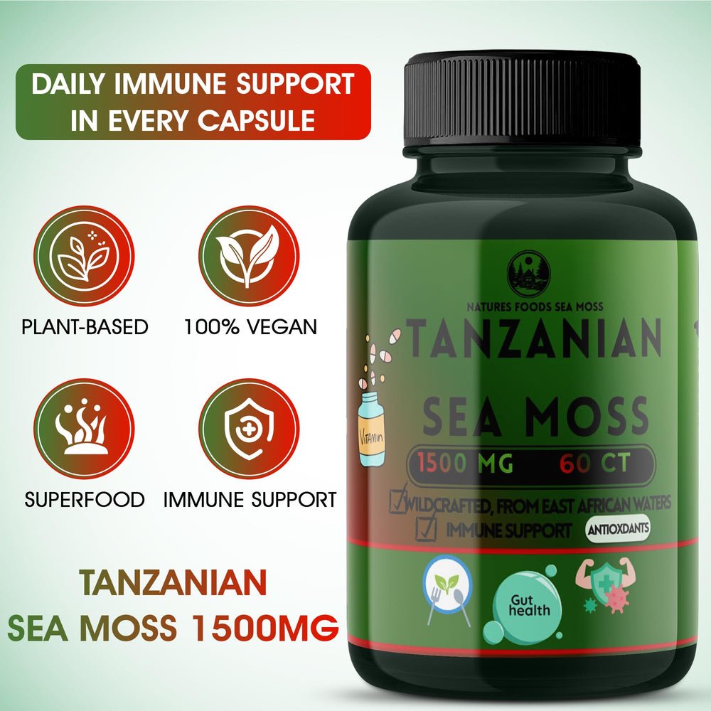 Natures Foods Sea Moss Capsules close-up ready for daily use