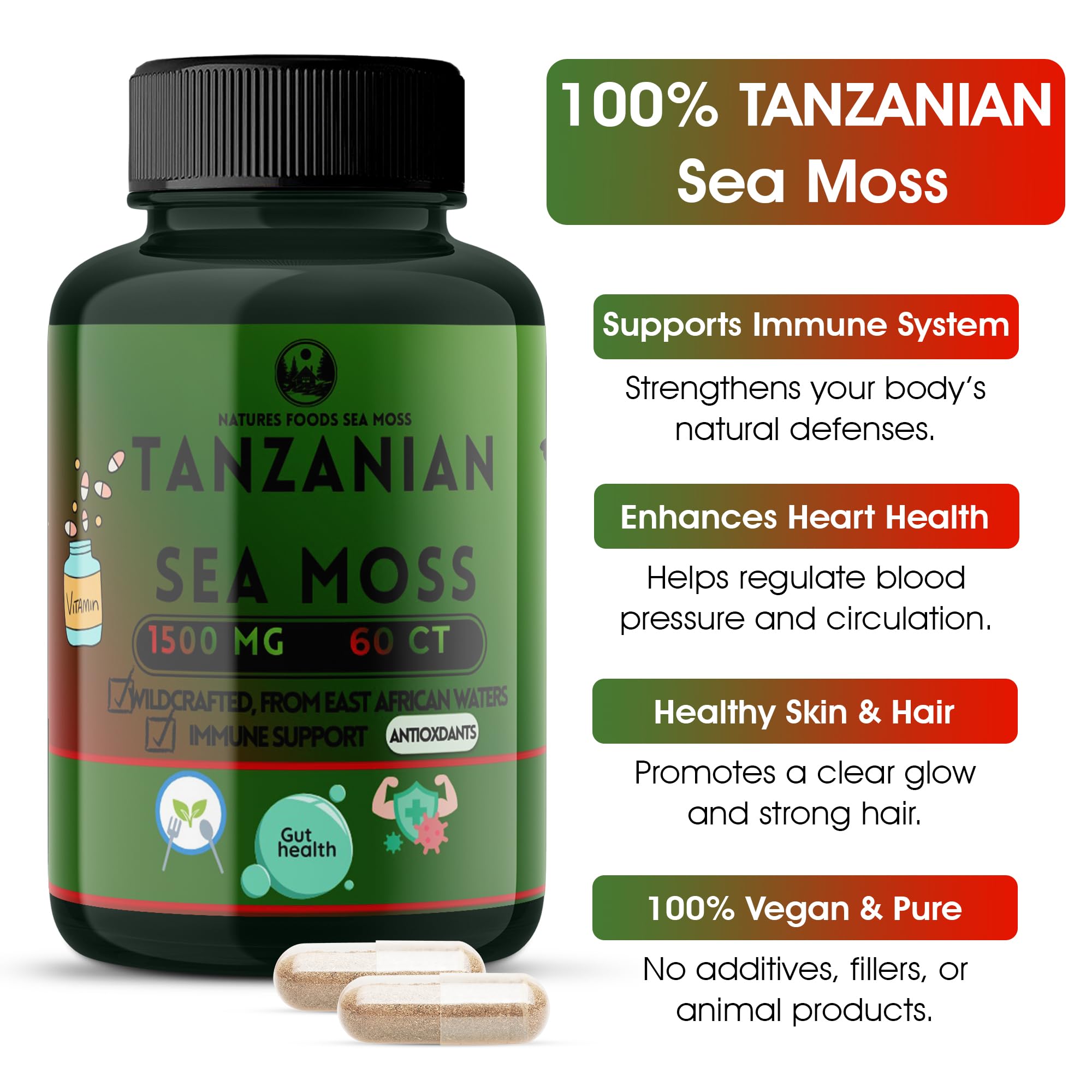 Label highlighting minerals like iodine and zinc in Natures Foods sea moss