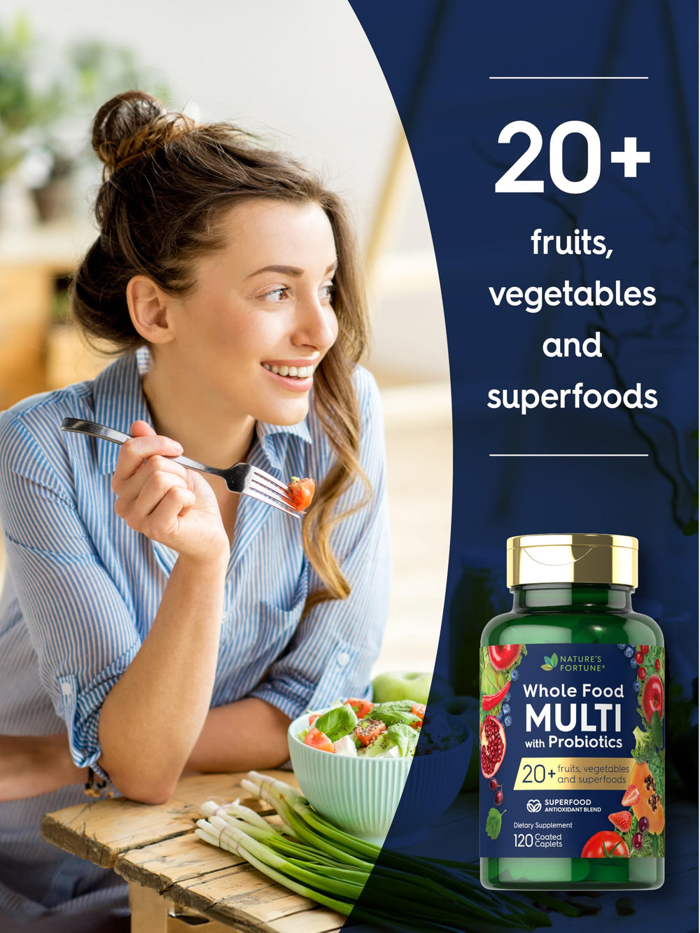 Nature's Fortune coated caplets close-up showing easy-to-swallow formula.