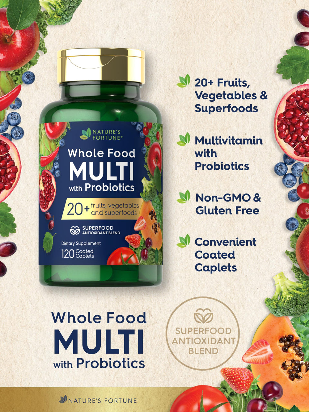 Nature's Fortune gluten-free non-GMO label on supplement bottle.