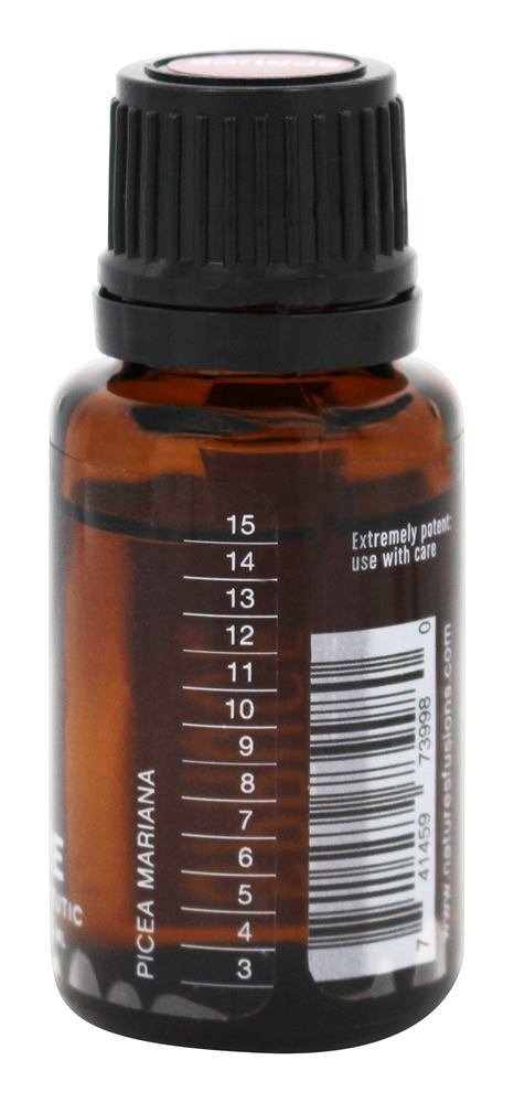 Nature's Fusions Black Spruce essential oil packaging, compact 15ml bottle for travel and spa use.
