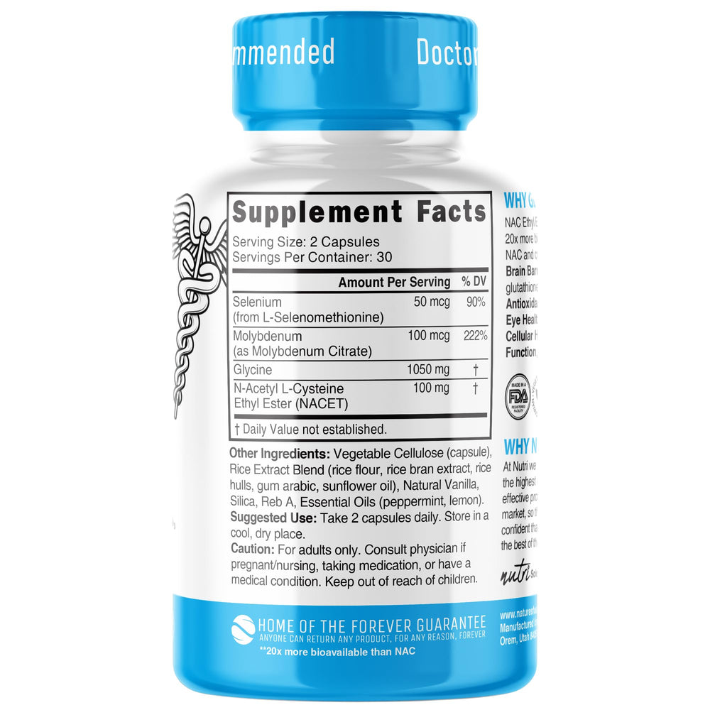 Nature's Fusions GlyNAC-ET dosage info card with two-capsule plan.
