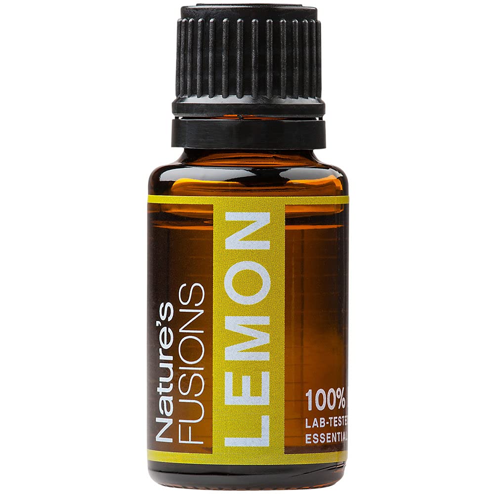 Nature's Fusions Lemon essential oil bottle pour highlighting refreshing citrus aroma for mood lift
