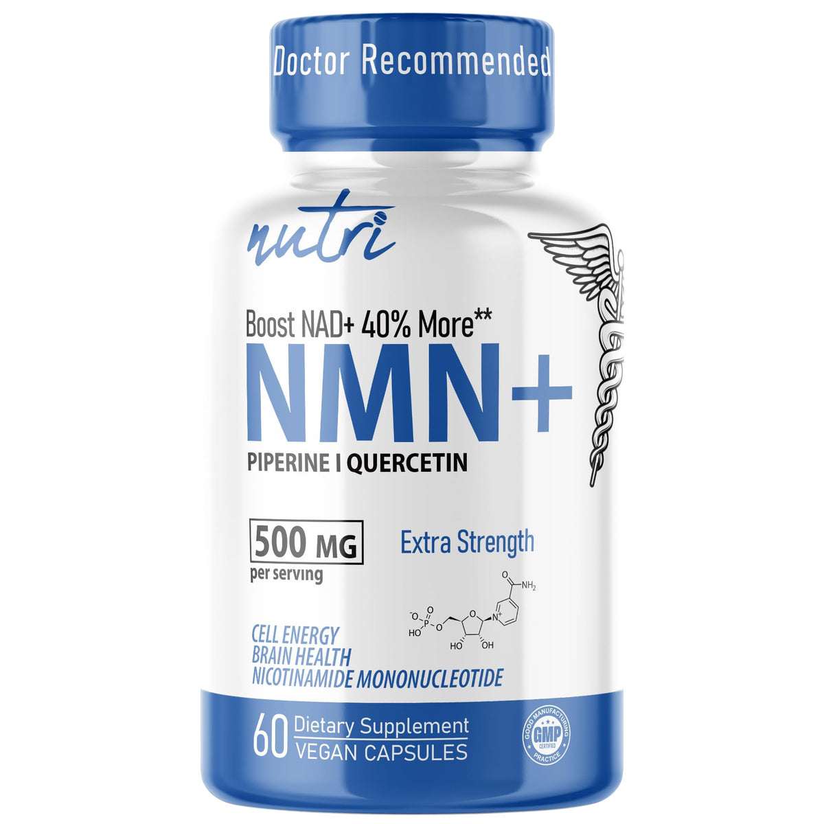 Nature's Fusions NMN supplement bottle demonstrates energy support and daily wellness.