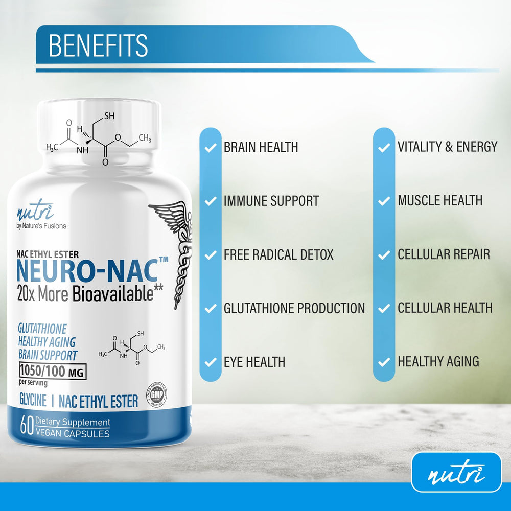 Nature's Fusions Neuro NAC capsules with label breakdown illustration