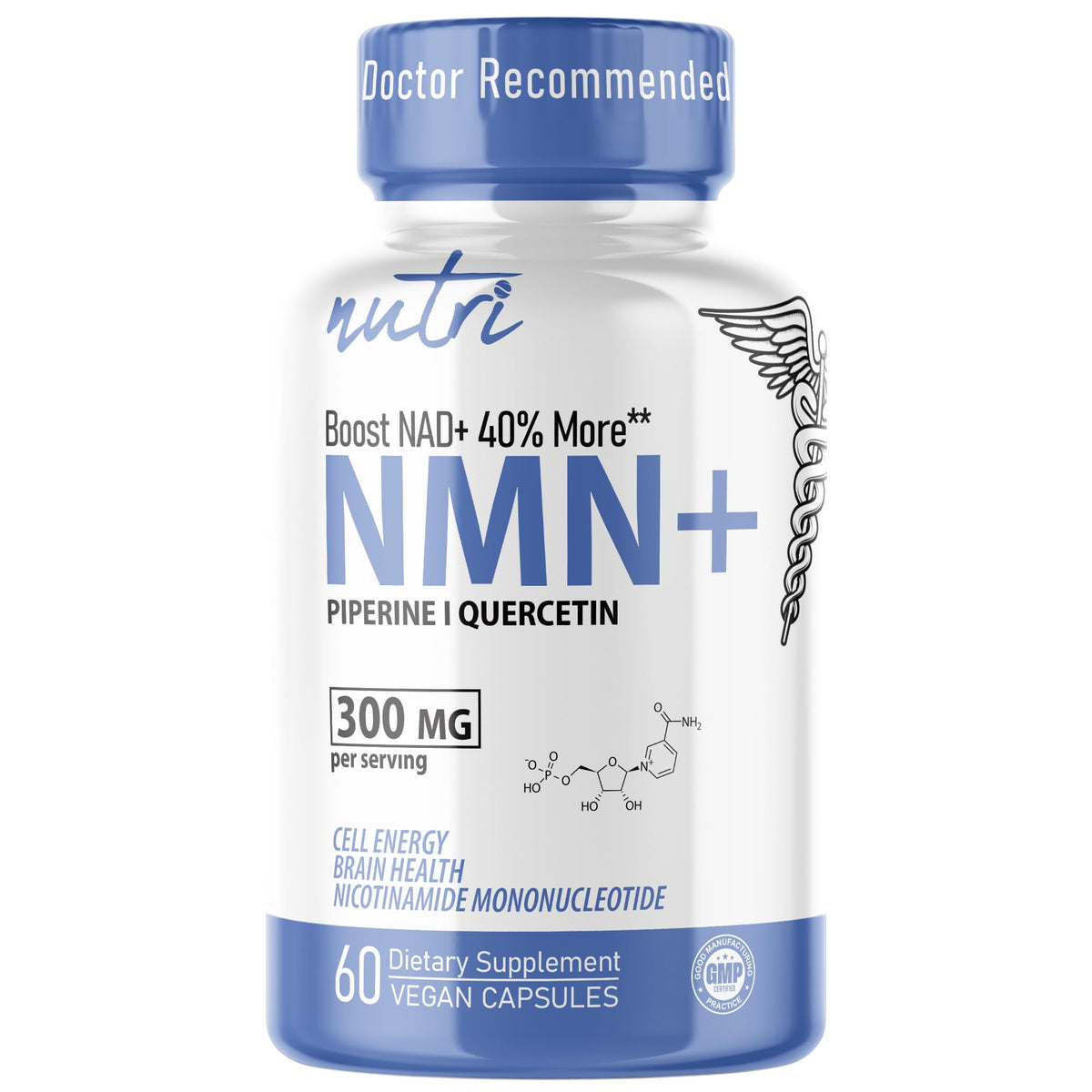 Nature's Fusions Nutri NMN botella de cápsulas para energía diaria.