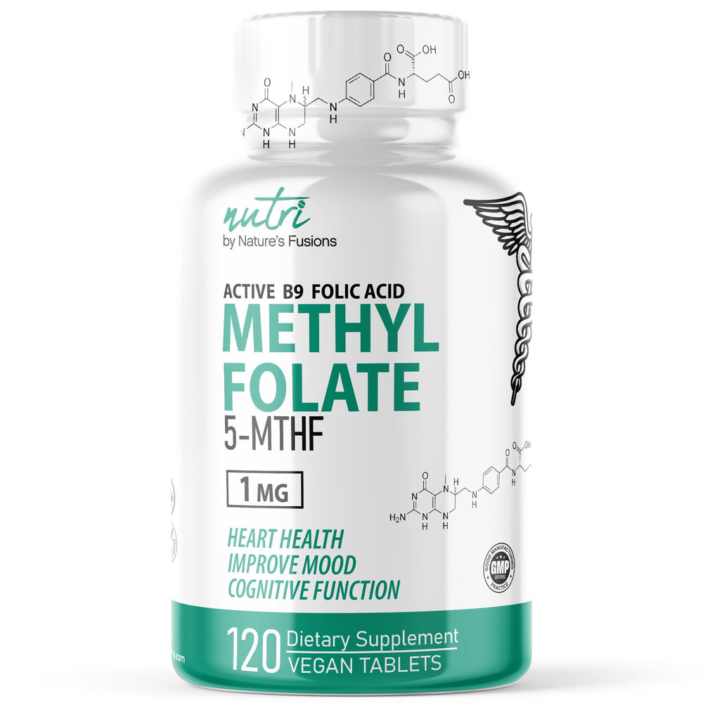 Nature's Fusions Nutri 5-MTHF bottle front showing premium methylfolate packaging for energy support
