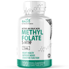 Nature's Fusions Nutri 5-MTHF bottle front showing premium methylfolate packaging for energy support