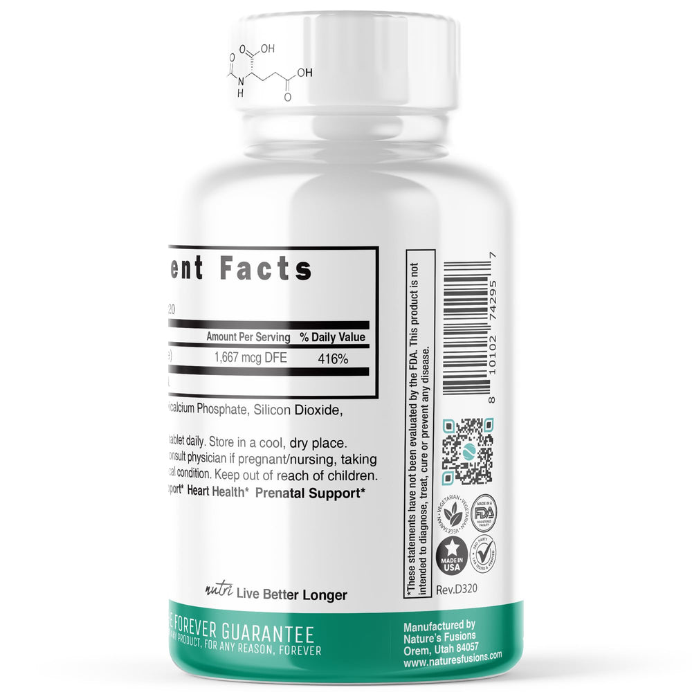 Nature's Fusions Nutri 5-MTHF label detail with ingredients and purity information