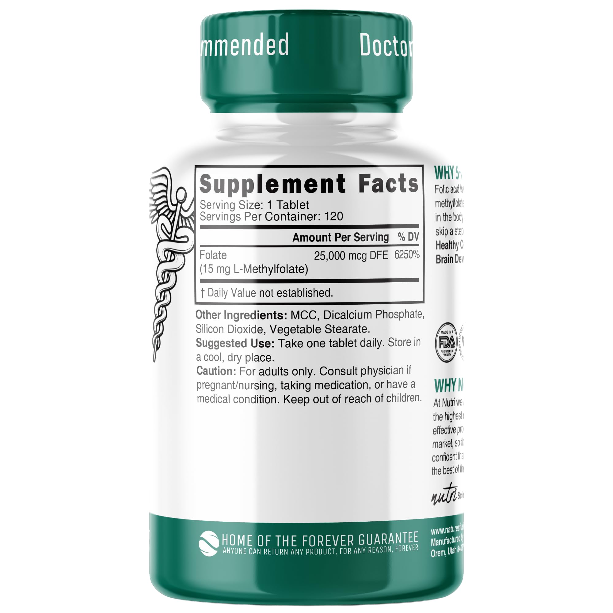 Close-up of Nutri 5-MTHF tablets showing vegan formula.